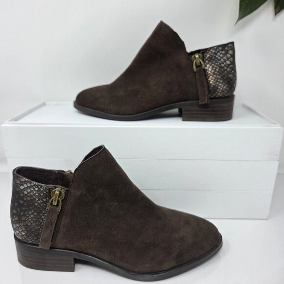Very Volatile Greyson Brown Suede Ankle Booties Faux Snakeskin Heel Women’s 7 - Picture 1 of 9